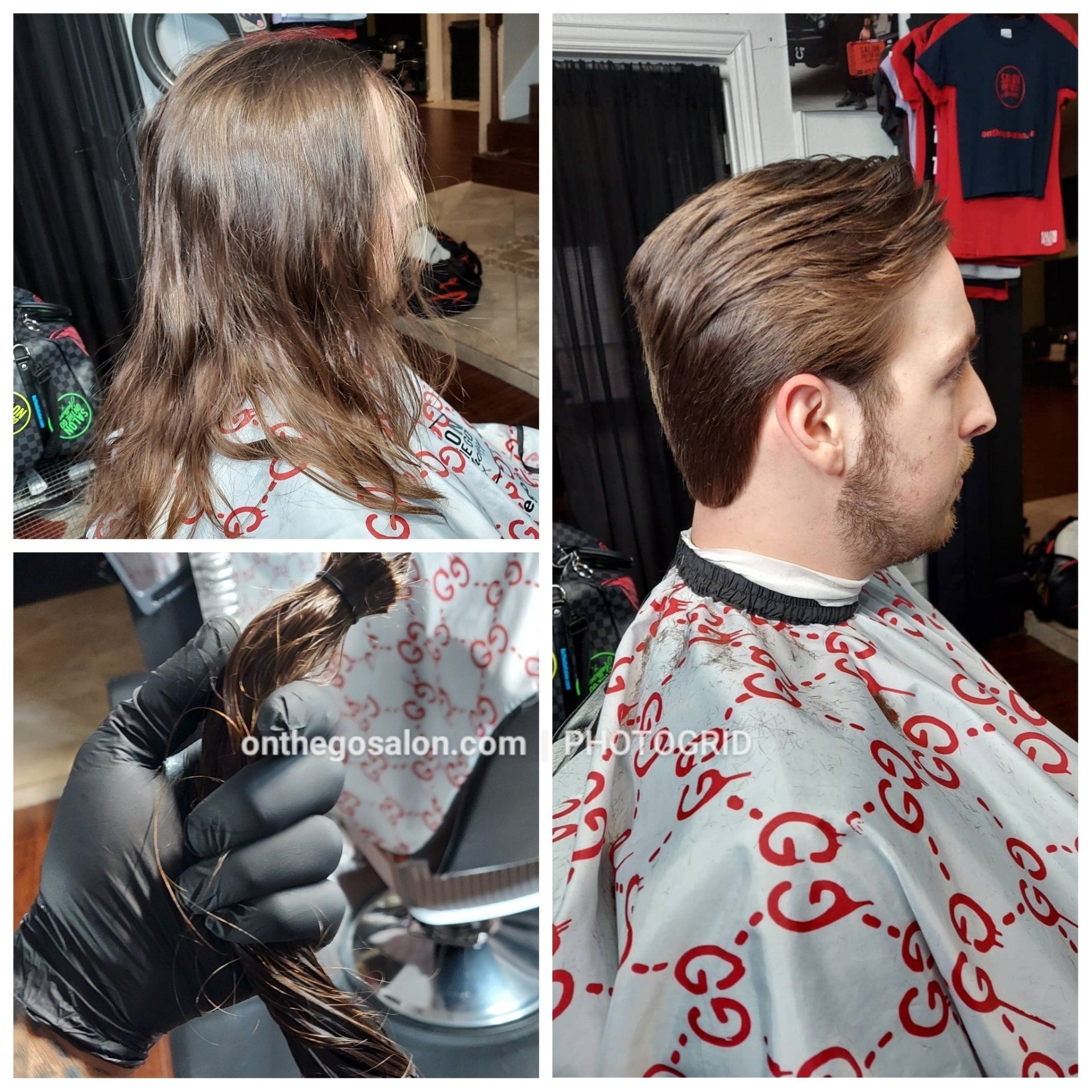 A man is getting his hair cut by a barber in a gucci cape.