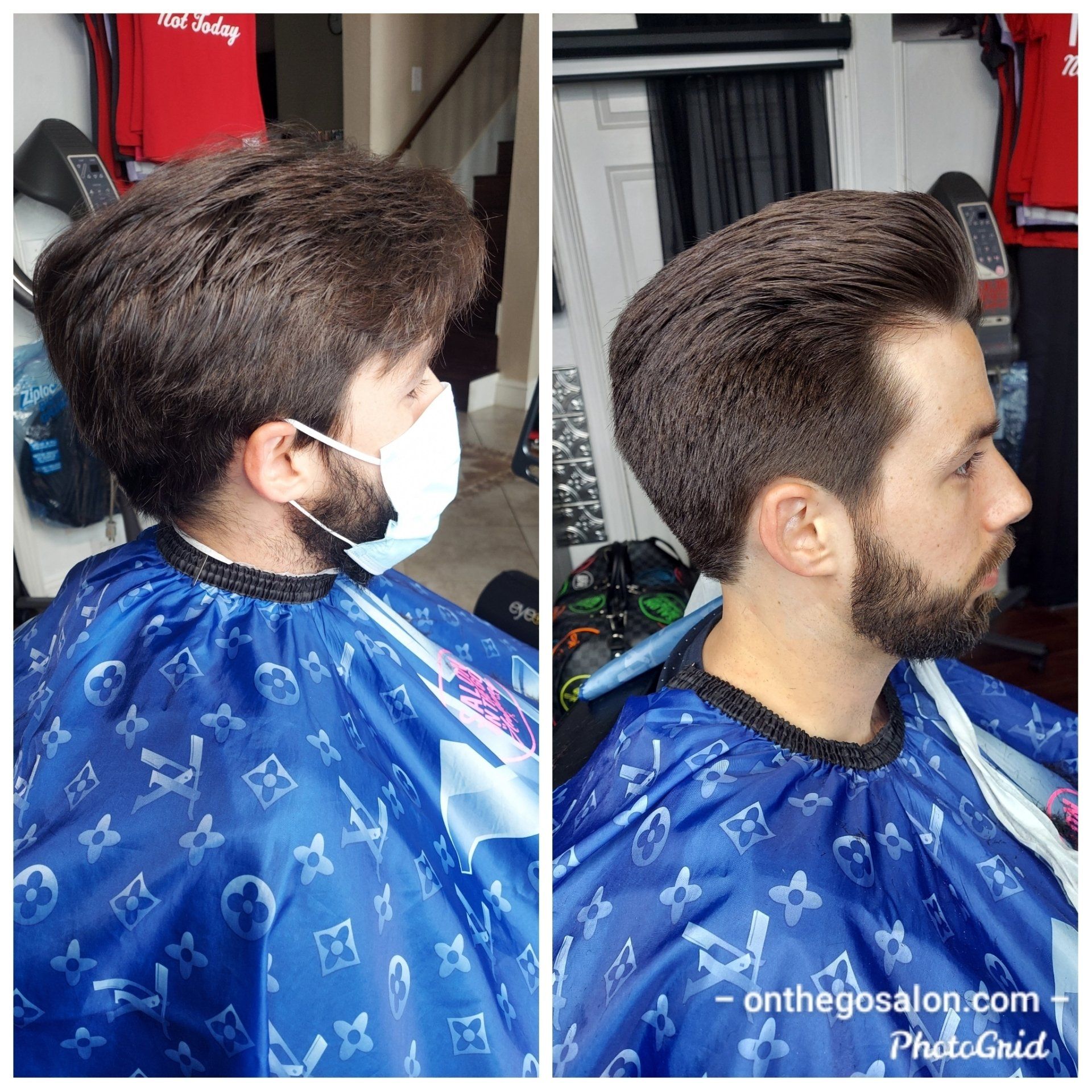 A man with a beard is getting his hair cut