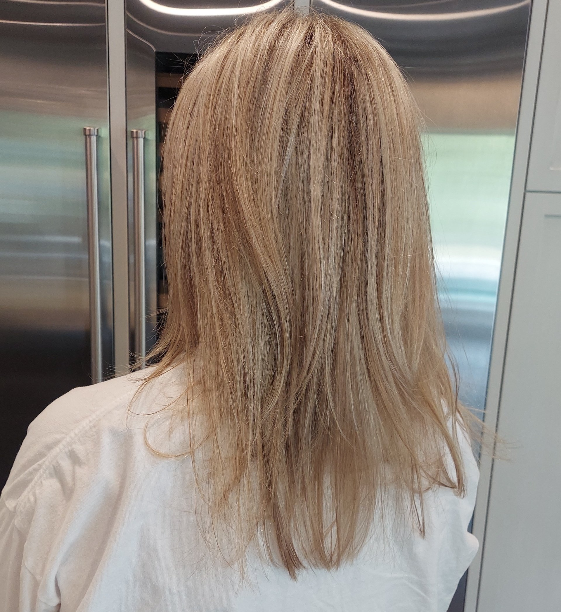 A woman with long blonde hair is standing in front of a refrigerator.