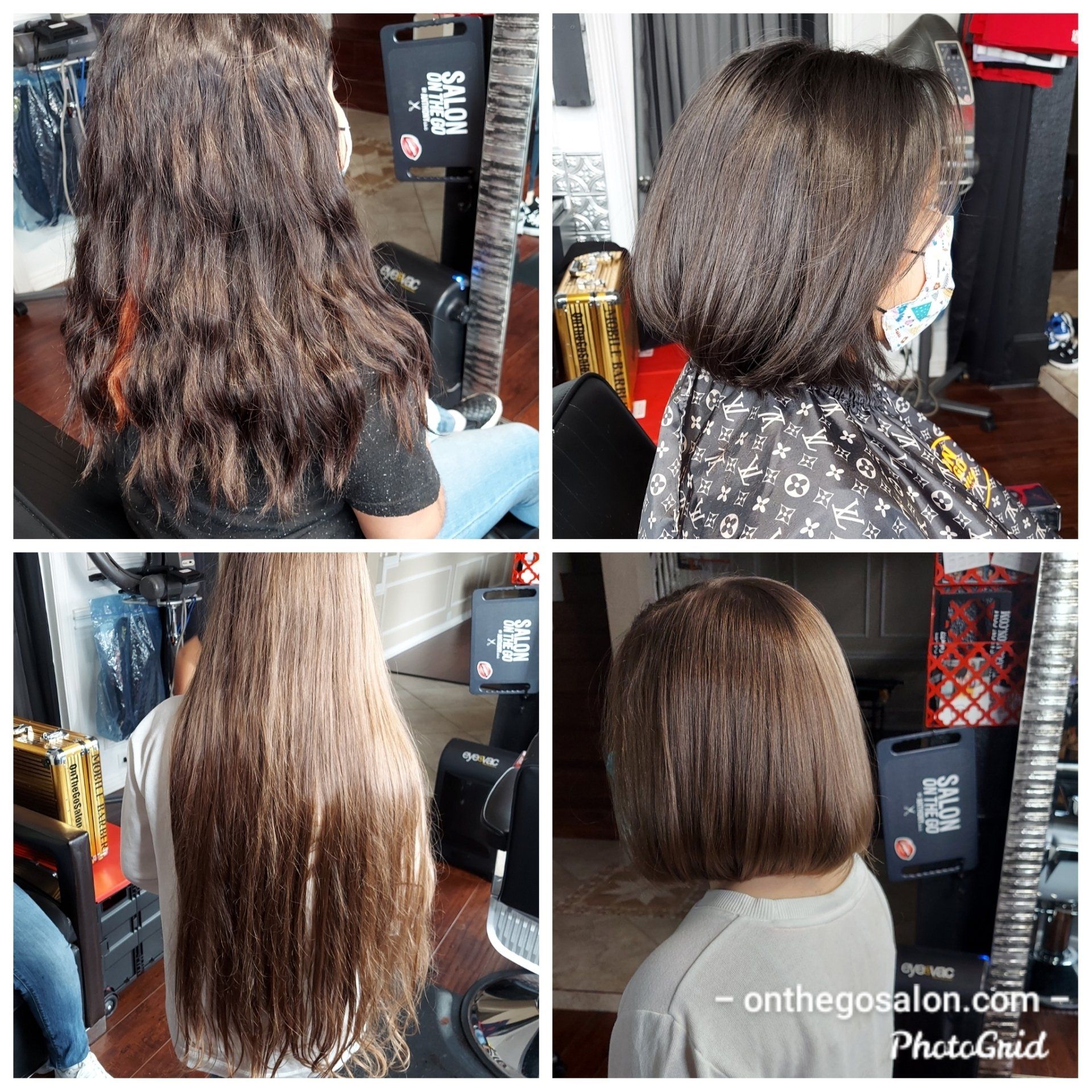 A woman is getting her hair cut in a salon.