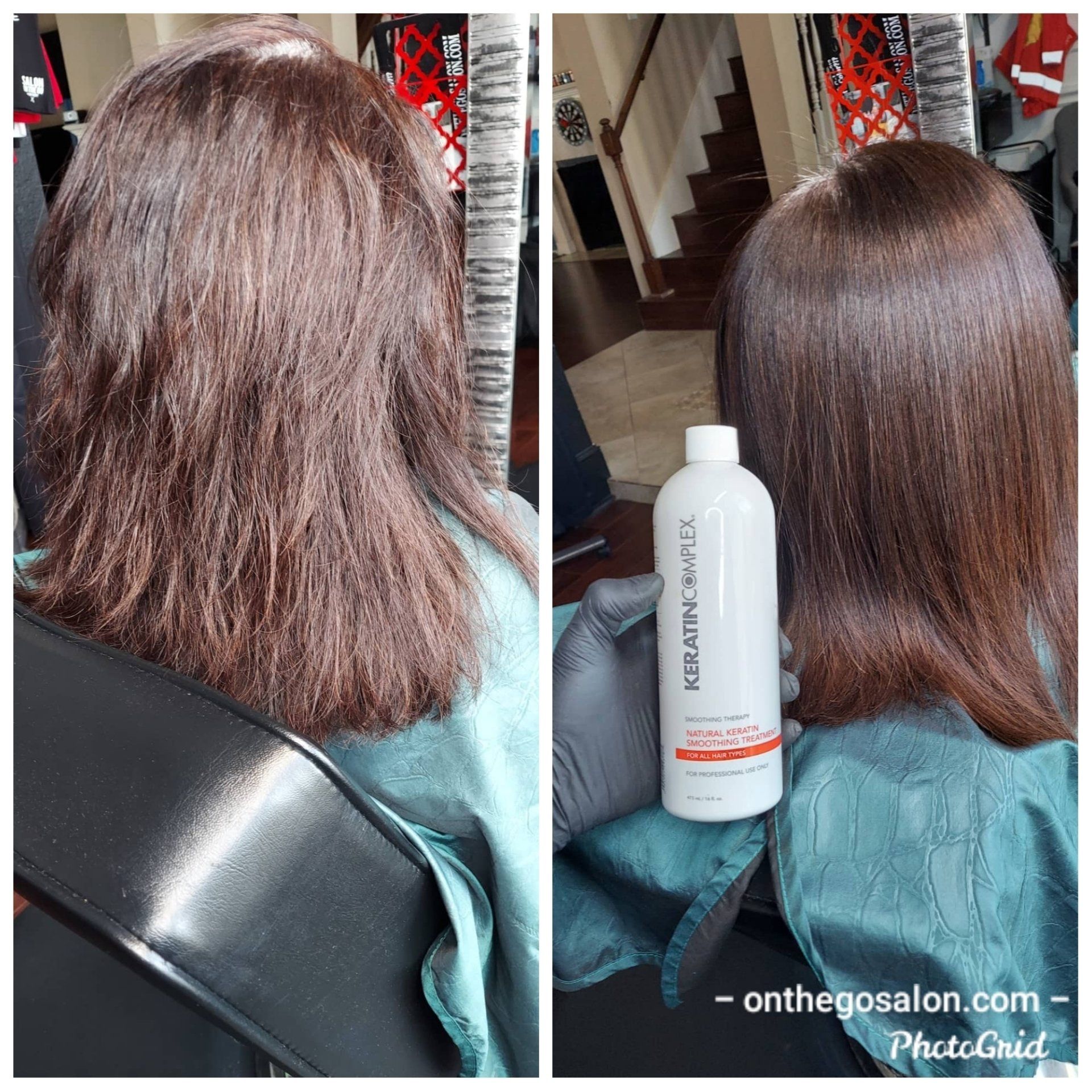 A before and after photo of a woman getting her hair straightened.