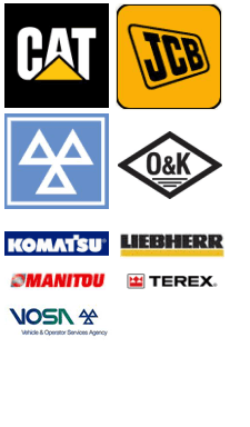 Logos: MOT, O&K, Komatsu, VOSA, Manitou, Terex, CAT, JCB