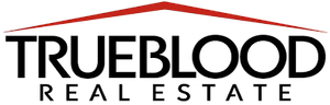 The logo for trueblood real estate is a house with a red roof.