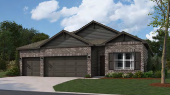 Brick and gray-roofed house with a two-car garage, set on a green lawn with a blue sky background.