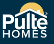 Pulte Homes logo: White text and house outline on a blue background, with a yellow sun.