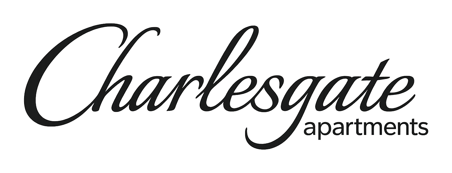 Charlesgate Apartments logo in black script on a white background