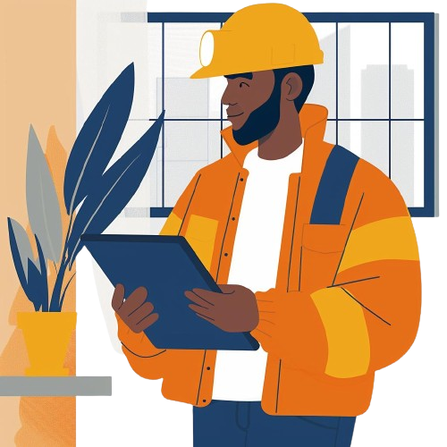 A man in an orange jacket and hard hat is holding a tablet.