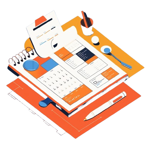 An isometric illustration of a calculator , notebook , pen and papers on a table.