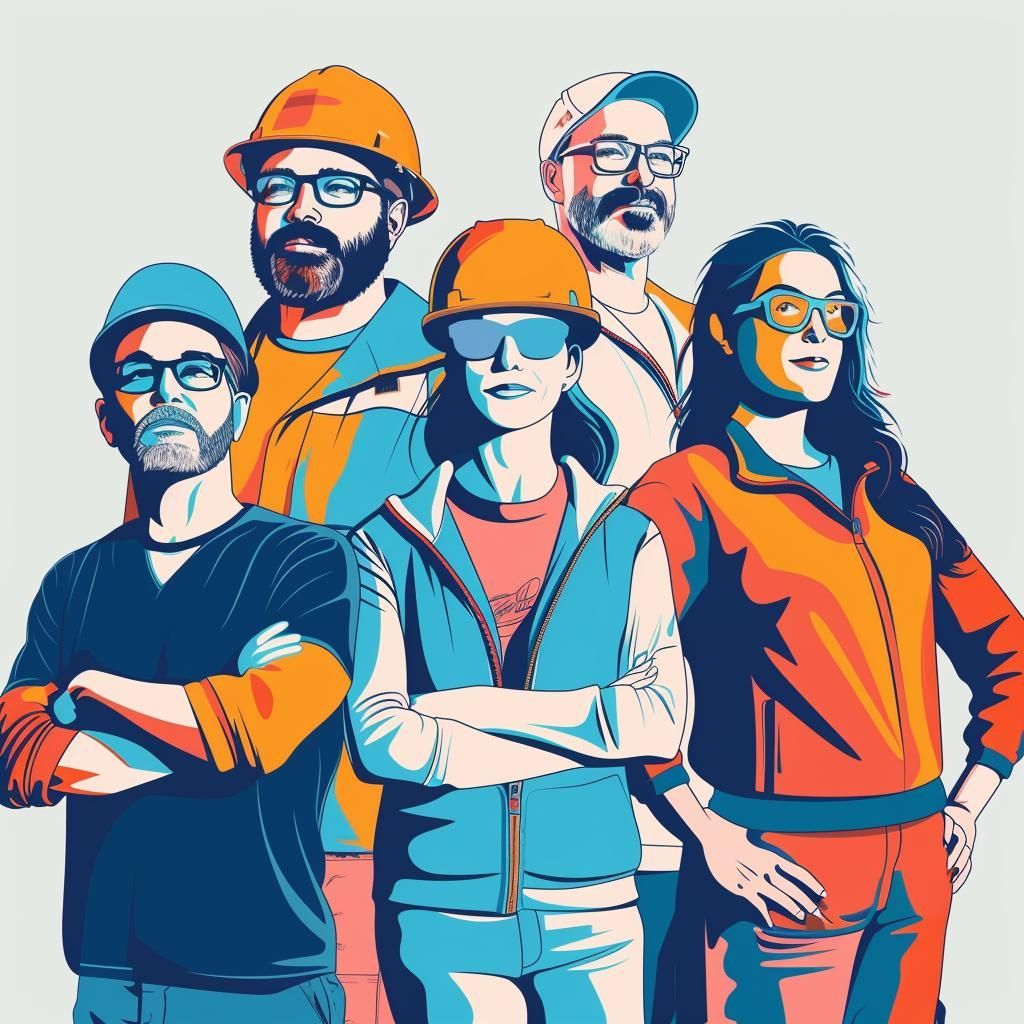 A group of construction workers are standing next to each other with their arms crossed.