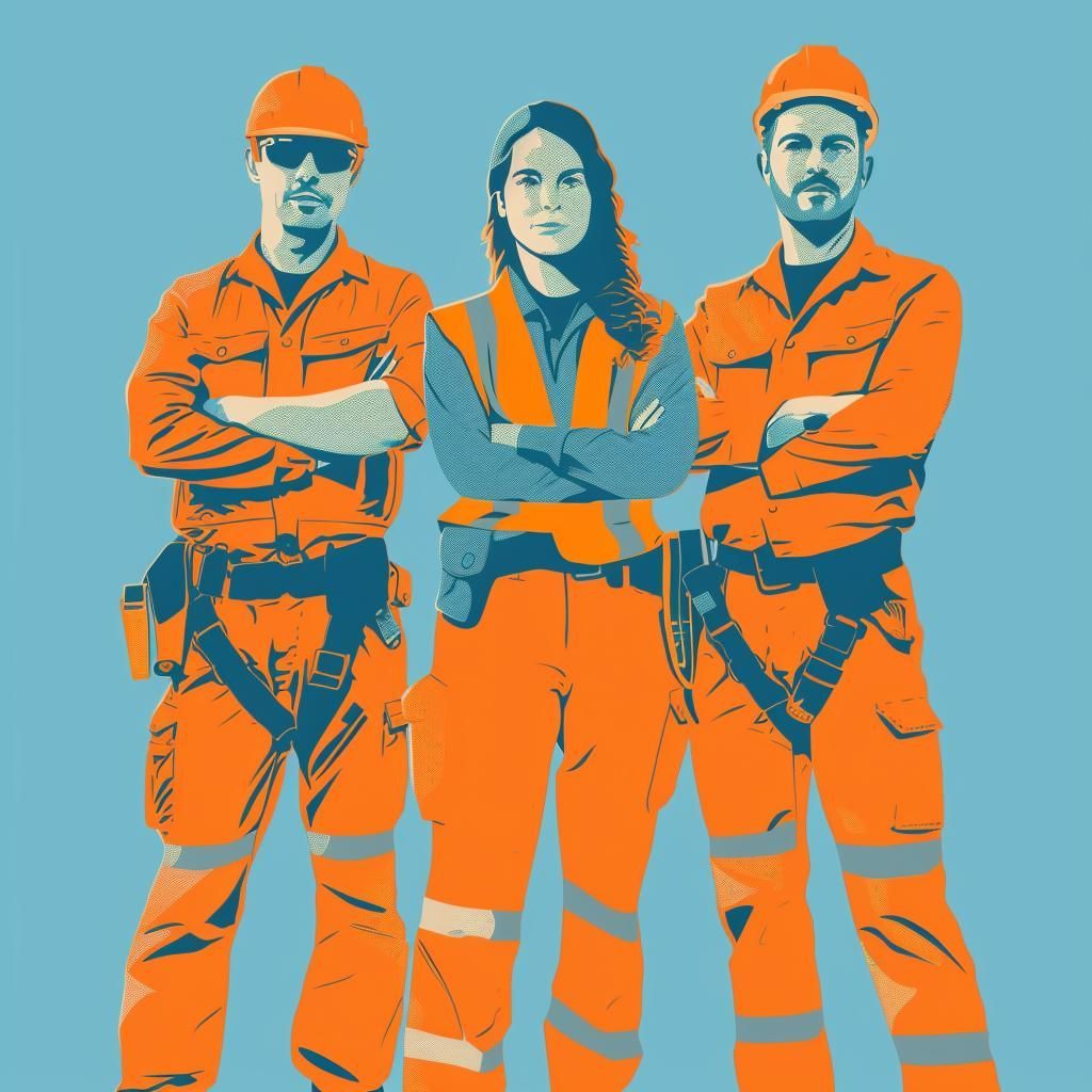 Three construction workers standing next to each other with their arms crossed