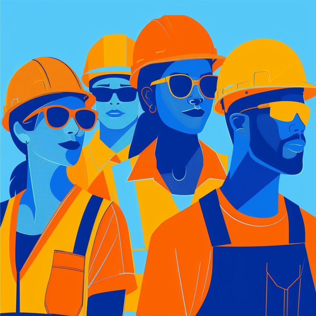 A group of construction workers wearing hard hats and sunglasses