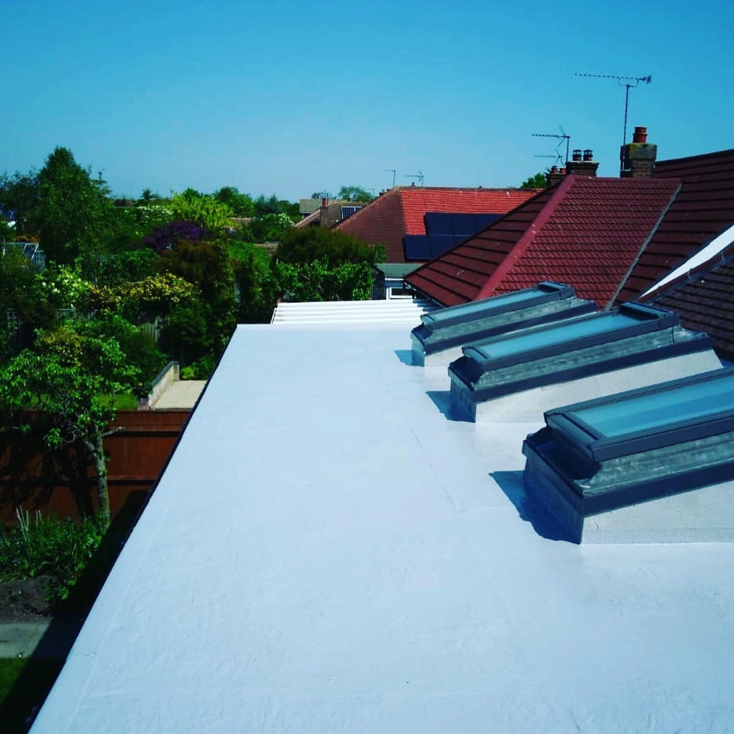 a white roof with a row of skylights on it