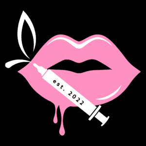 A pink lip with a syringe in it that says est 2022