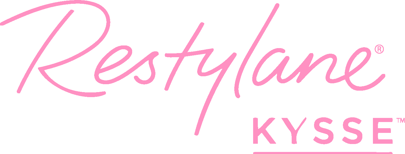 A pink logo for restylane kysse on a white background.