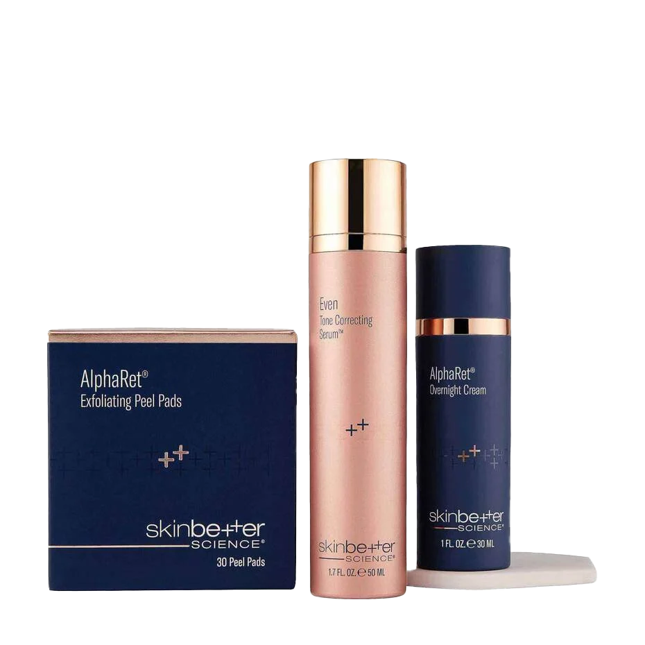Three bottles of skin better products are sitting on a table.