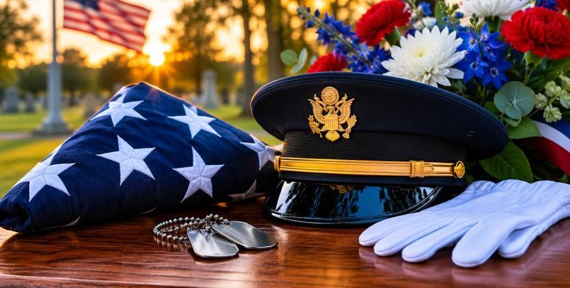 Funeral homes Dartmouth, MA military honors memorial display with folded American flag and ceremonial tribute items.