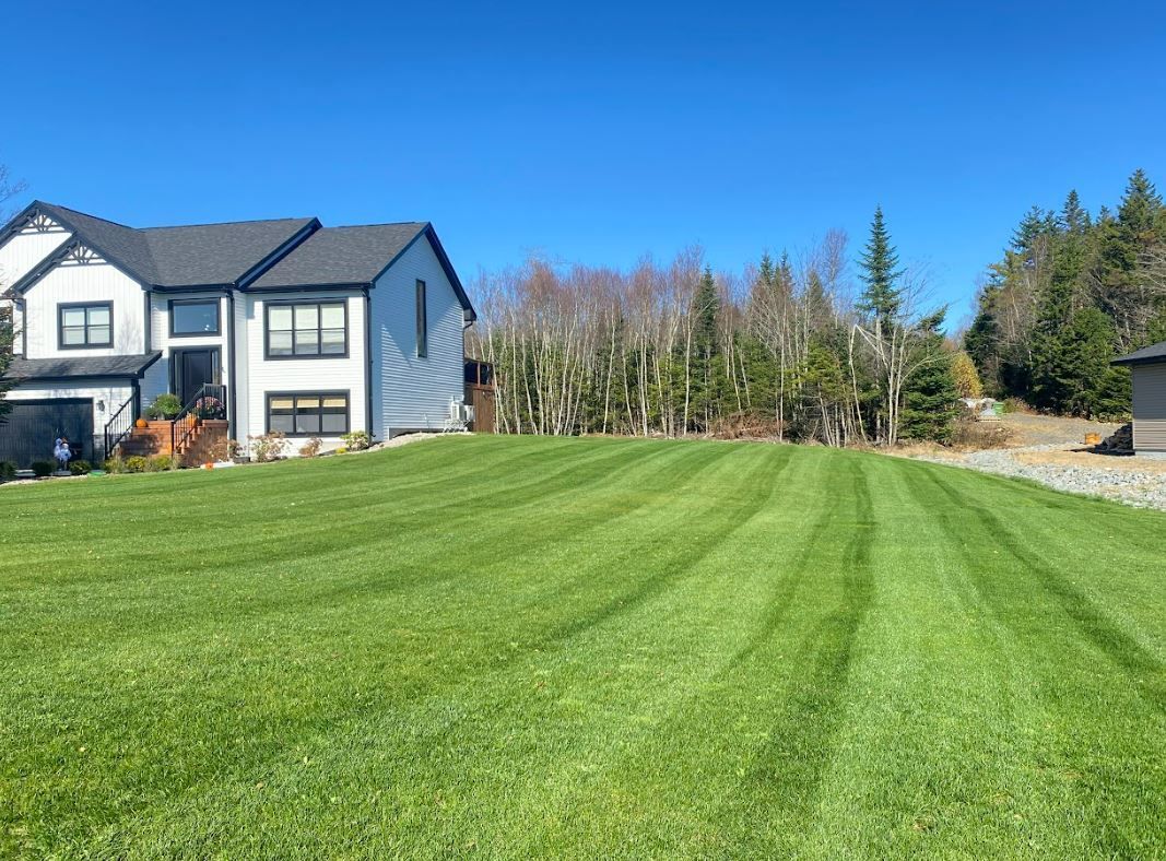 Large house with manicured lawn, mowed in stripes, on a sunny day.