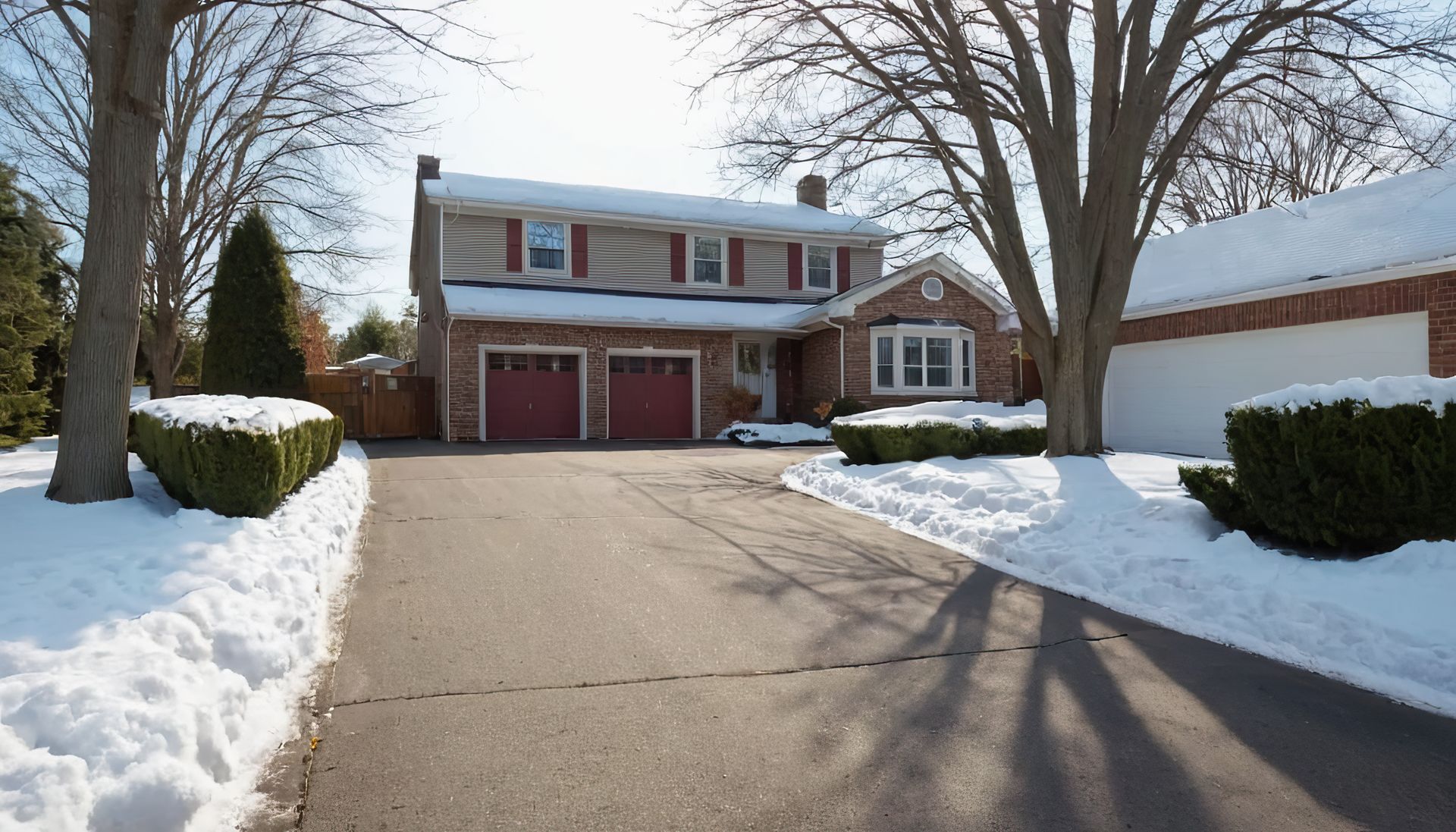 Two-story brick house with red garage doors, driveway, and snowy yard on a sunny day.