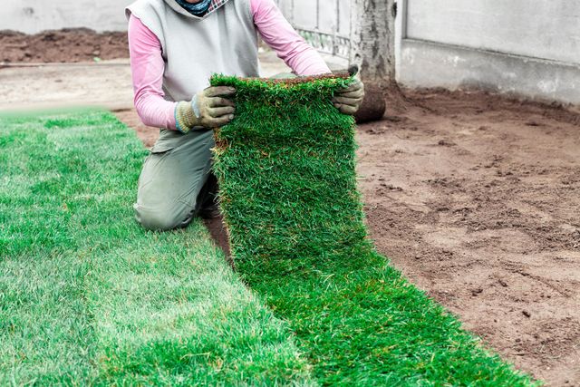 a woman is kneeling down holding a roll of grass .