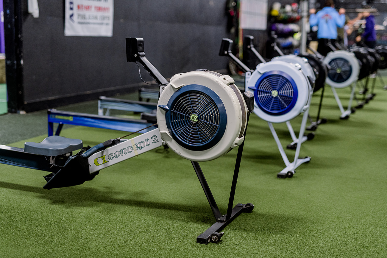 A row of rowing machines are lined up in a gym.