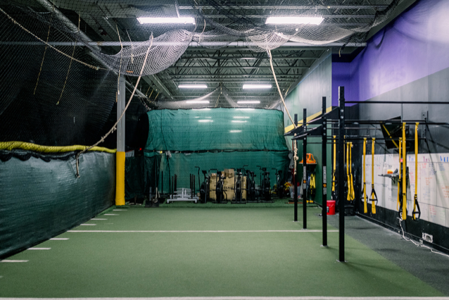 An empty gym with a green field and a purple wall.