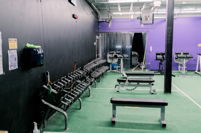 A gym with a lot of dumbbells and benches