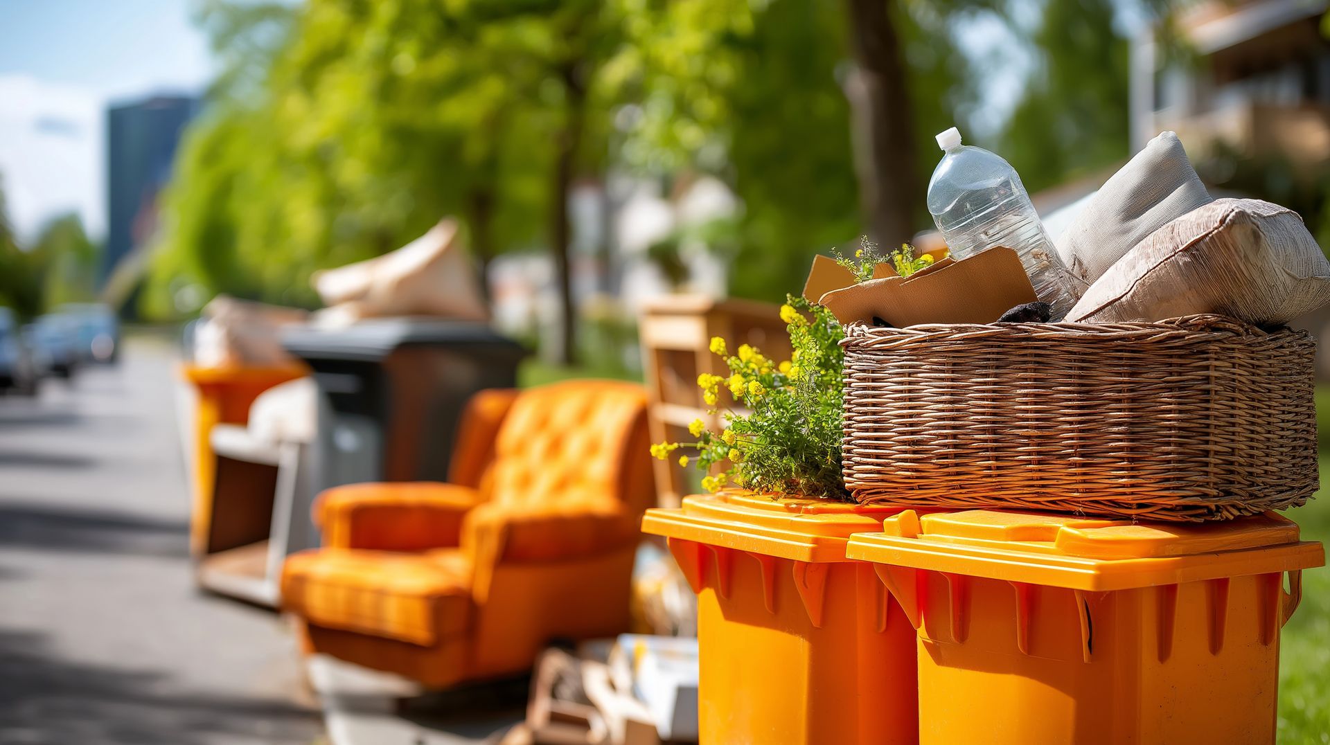 Discarded furniture and household items lined up on a sunny sidewalk.