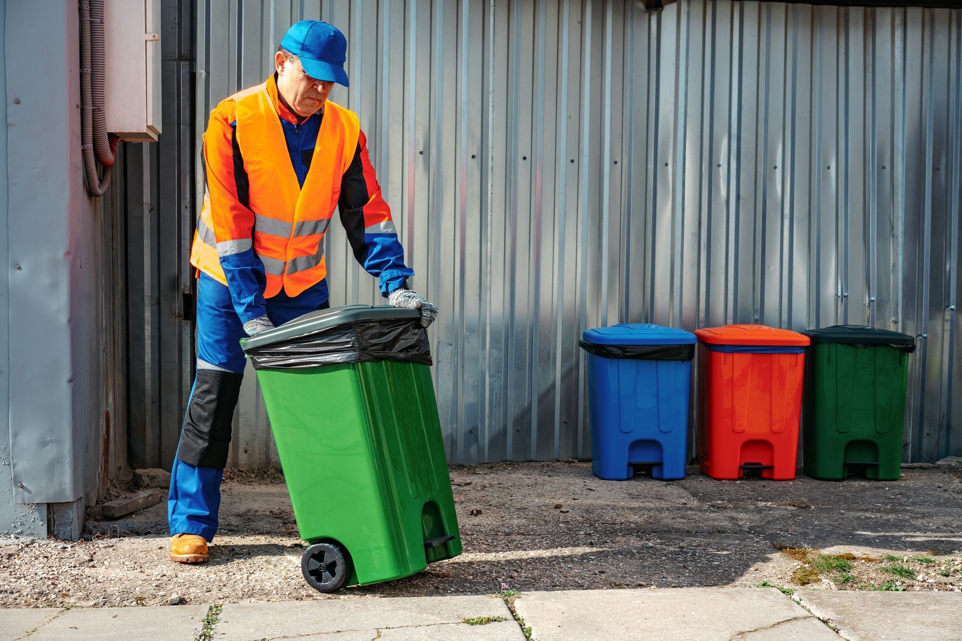 Garbage collector rolling a green bin near blue, red, and green bins against a metal wall.