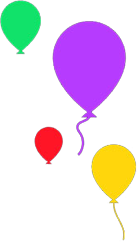 A green , purple , red , and yellow balloon are flying in the air.