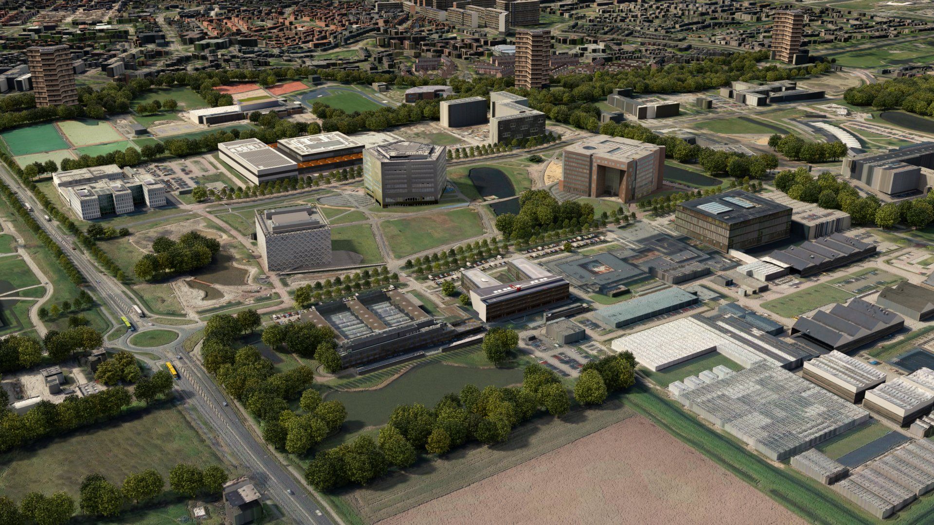 3D animatie van een vogelvlucht boven WUR Wageningen