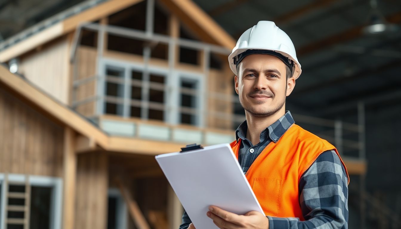 Construction worker in hard hat and safety vest holding clipboard, smiling at a partially built house.