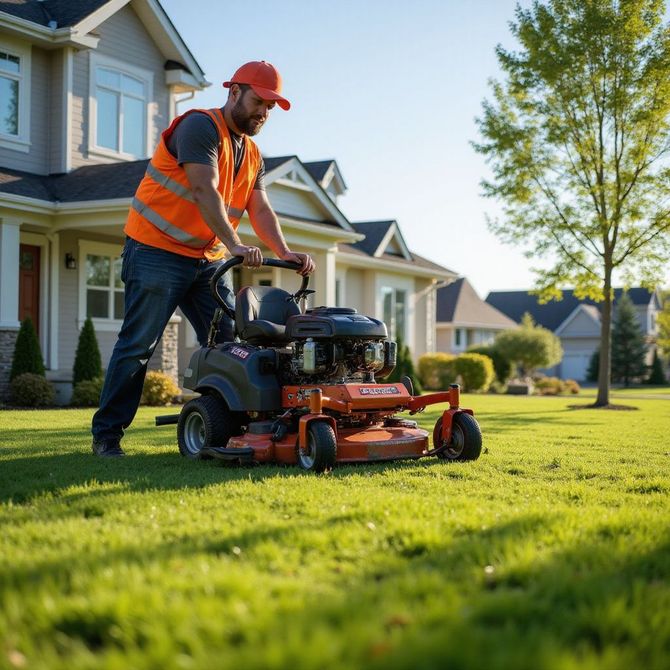 Man in orange vest mowing a green lawn with a riding mower in front of a house on a sunny day.