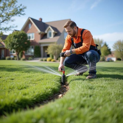 Man in orange shirt adjusts lawn sprinkler in a residential yard. Water sprays. House in background.