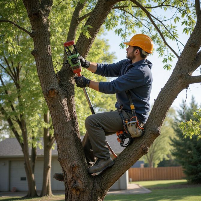 Arborist in a tree, wearing a hard hat and safety harness, using a pruning saw.