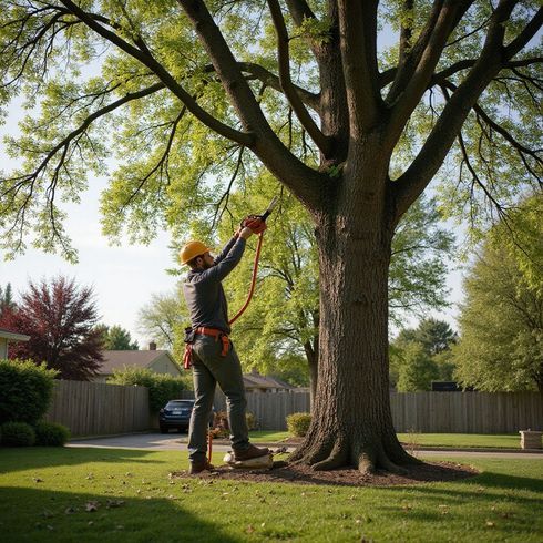 Arborist trims tree with chainsaw, wearing safety gear in residential yard.