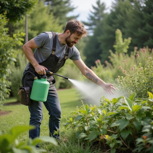 Man spraying plants in a garden with a green sprayer. He is wearing overalls.