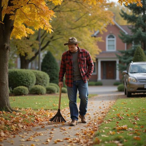 Man raking leaves on a sidewalk, wearing a hat, red plaid shirt, and jeans, near a house with autumn foliage.