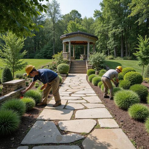 Two workers trimming bushes in a garden with a stone path leading to a gazebo.