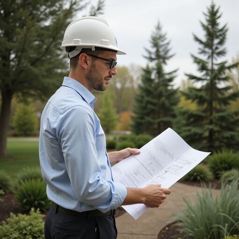 Man in hard hat and glasses examines blueprints outdoors.