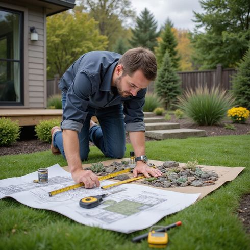 Man kneeling on grass, measuring a rock garden design with a ruler and blueprints.