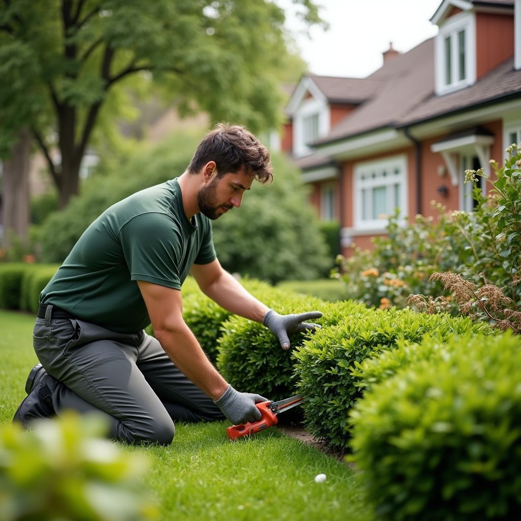 Gardener trimming hedge with shears in a manicured yard with a house in the background.