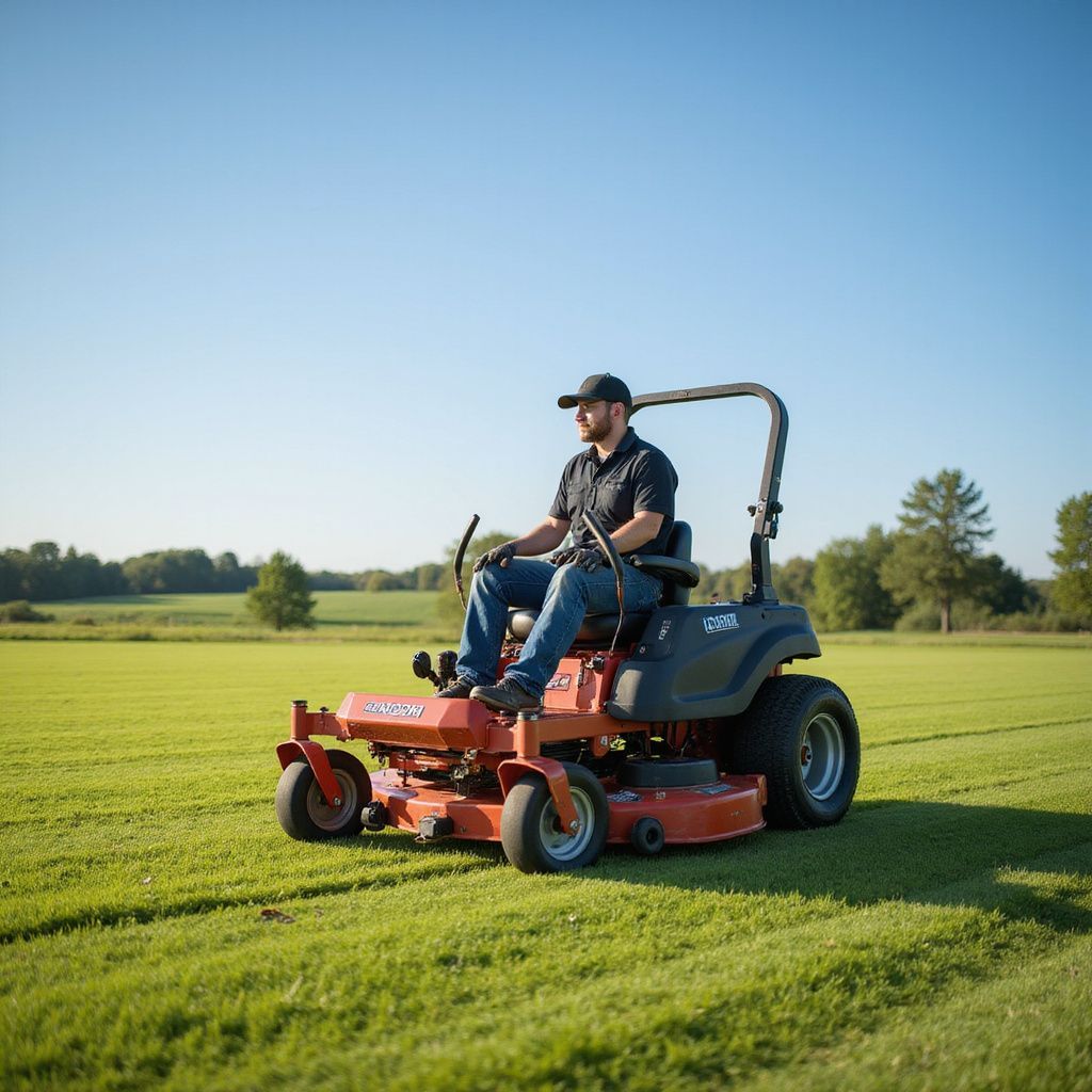 Man operating an orange zero-turn lawn mower on a green field under a blue sky.