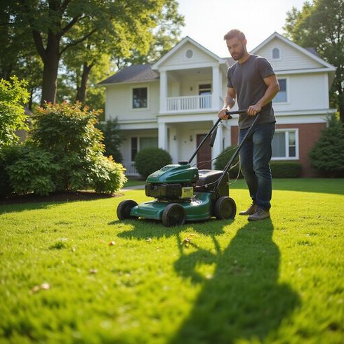 Man mowing a lawn with a green lawnmower in front of a white house with a red brick facade.