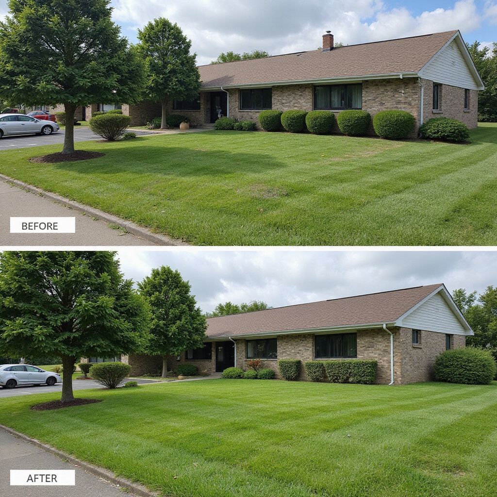 Before and after of a brick building with neatly trimmed lawn and bushes, under a cloudy sky.