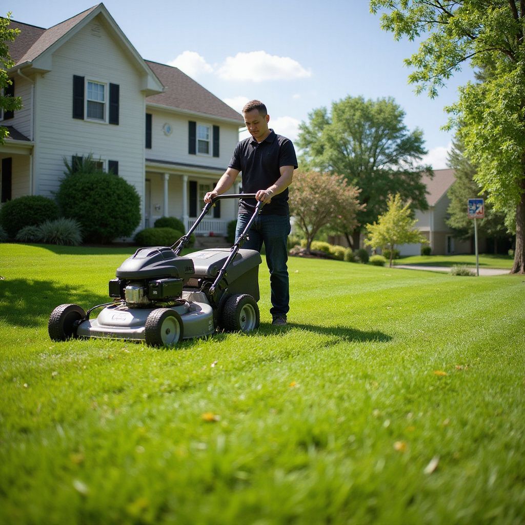 Man mowing a green lawn in front of a two-story house on a sunny day.