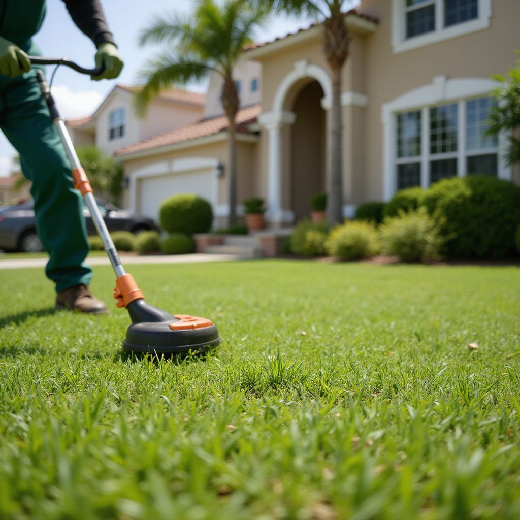 A person using an edger to trim grass in front of a house.