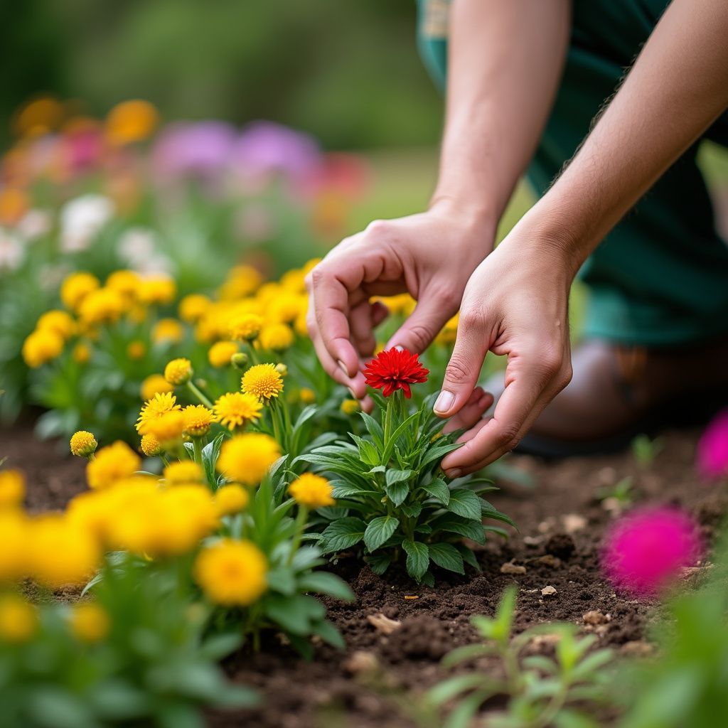 Hands tending a red flower in a garden bed with yellow blooms.