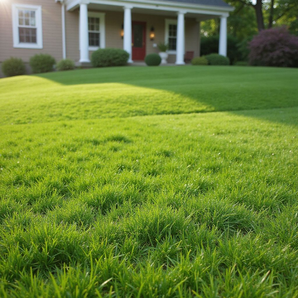 Lush green lawn in front of a house with white columns and a red door.