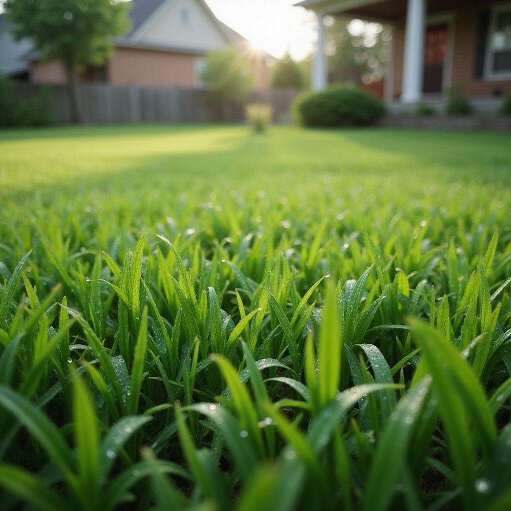 Close-up of green grass with water droplets, sunlit backyard with house in background.