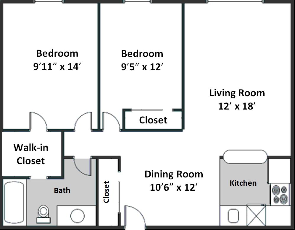 A floor plan of a house with two bedrooms and a living room.